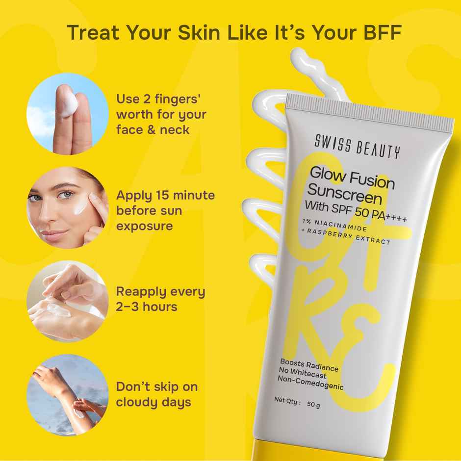 Swiss Beauty Care Glow Fusion Sunscreen SPF50 PA++++ | 1% Niacinamide & Raspberry Extract