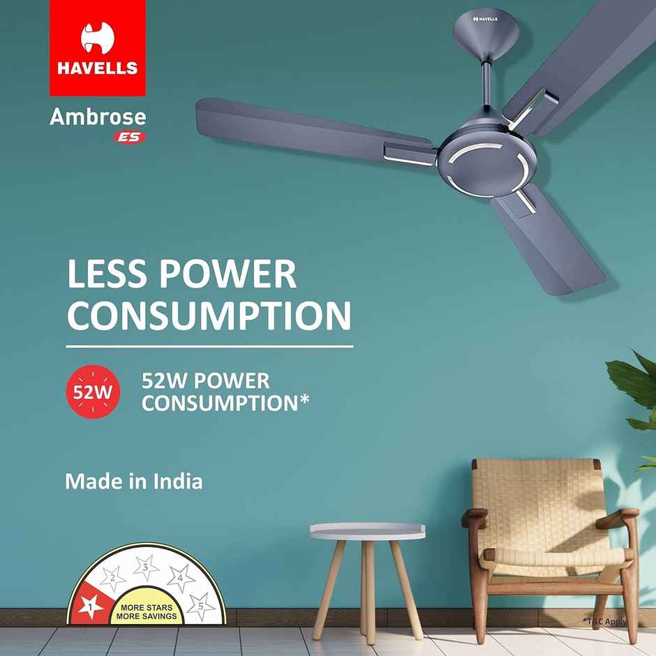Havells Ambrose ES Ceiling Fan, 1200mm,1 Star, 100% Pure Copper Motor,Premium Finish,Nickel Saphire
