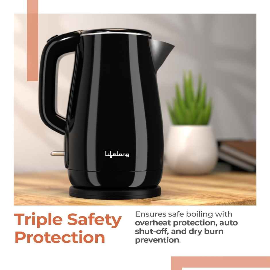 Lifelong Electric Kettle, 1350W Cool Touch Fast Water Boiling Auto Shut-Off, SS Body |Black - 1.5 L