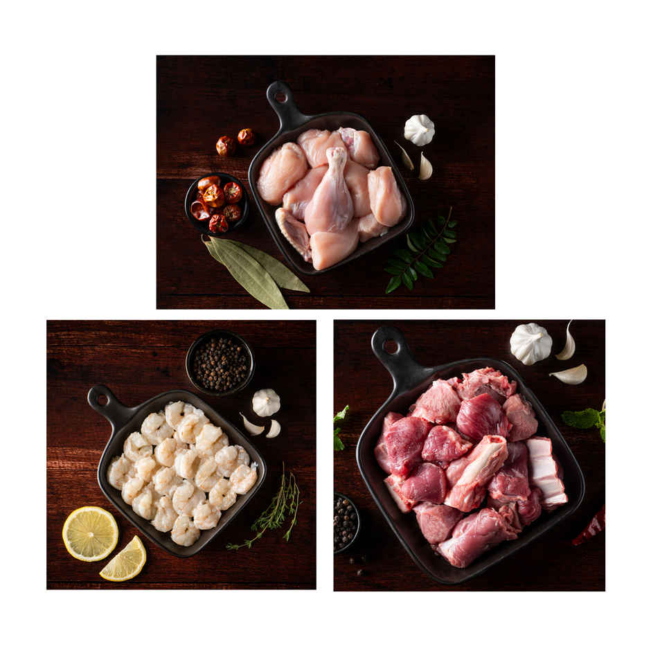 Relish Chicken Curry Cut With Skin(500gms), Relish Goat Curry Cut(370gms) & Relish Prawns Peeled & Deveined(300gms) Combo