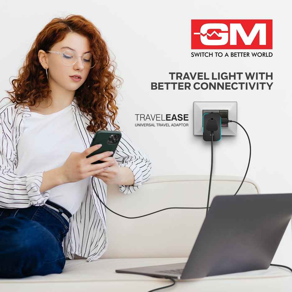 GM 3064 Universal Charger with 240V Power Output | International Travel Adapter with Port Type C - 3.1Amp and Type A - 2.1Amp Output | LED Indicator - Black