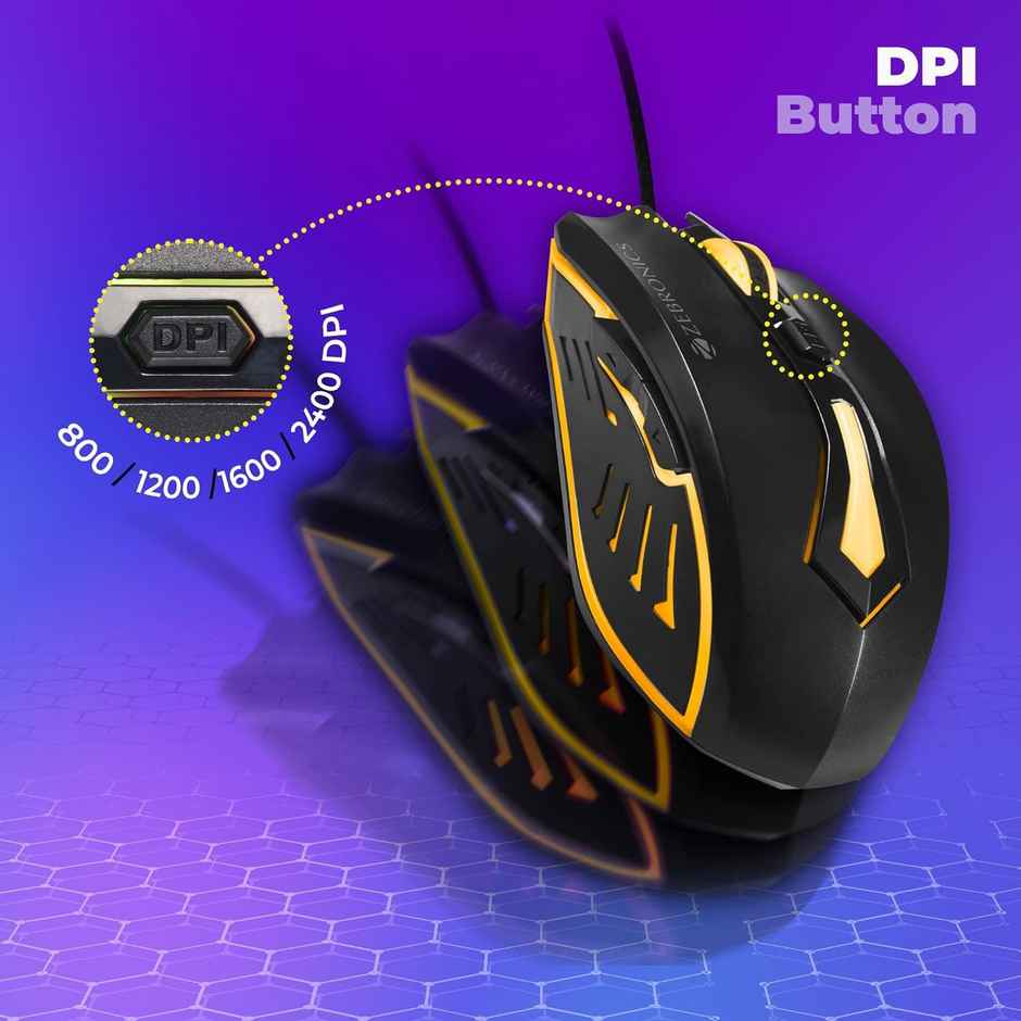 ZEBRONICS Sniper High Precision Wired Gaming Mouse with 6 Buttons, Multicolor LED Lights, DPI Switch with 800/1200/1600/2400 DPI s, Plug & Play, 1 Million Clicks, 87 Grams Light Mouse