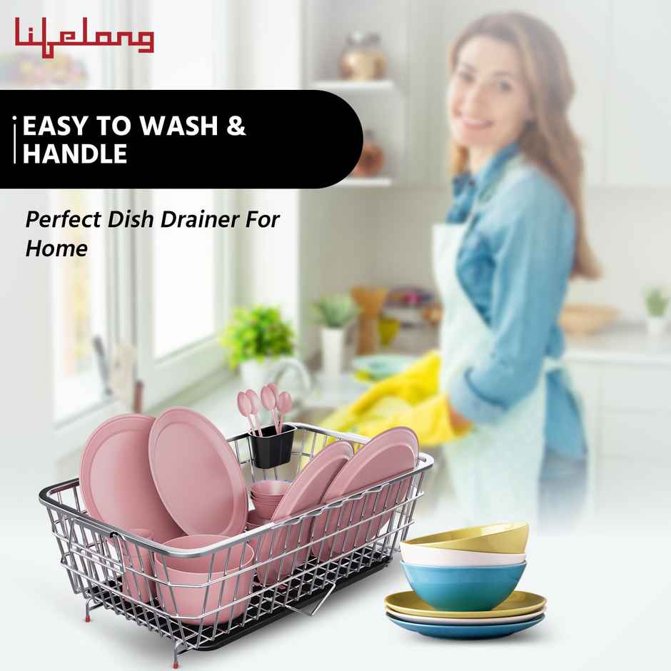 Lifelong Kitchen Organizer Stainless Steel Drying Rack Utensil Drainer Basket Sink Bartan Stand
