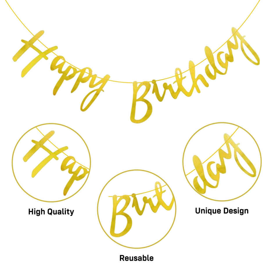 Golden Birthday Decoration Kit | Banner-Metallic Balloons-Glue Dot and More | Party Propz