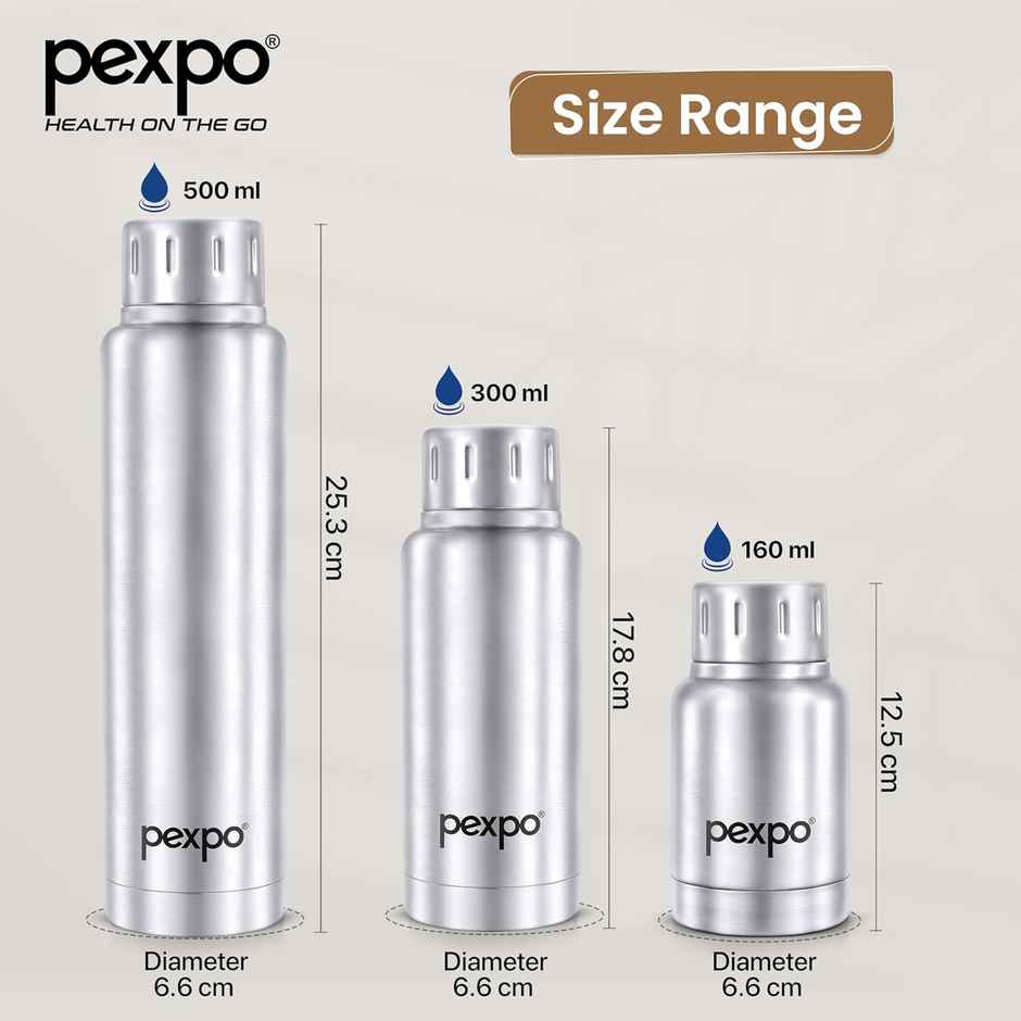 Pexpo Stainless Steel Cameo Hot & Cold Water Bottle | Silver | 160 ml