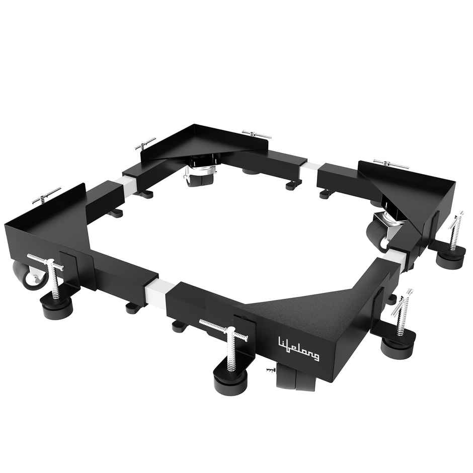 Lifelong Washing Machine Stand - Adjustable Metal Kitchen Trolley With Rubber Pads Black and White