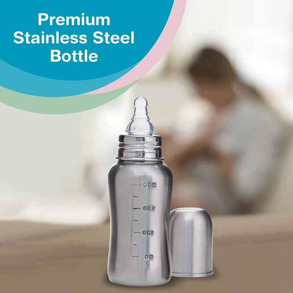 Vega Baby & Mom Steel Feeding Bottle | 240 ml | Regular Neck | Bpa Free | Vbfb4-06