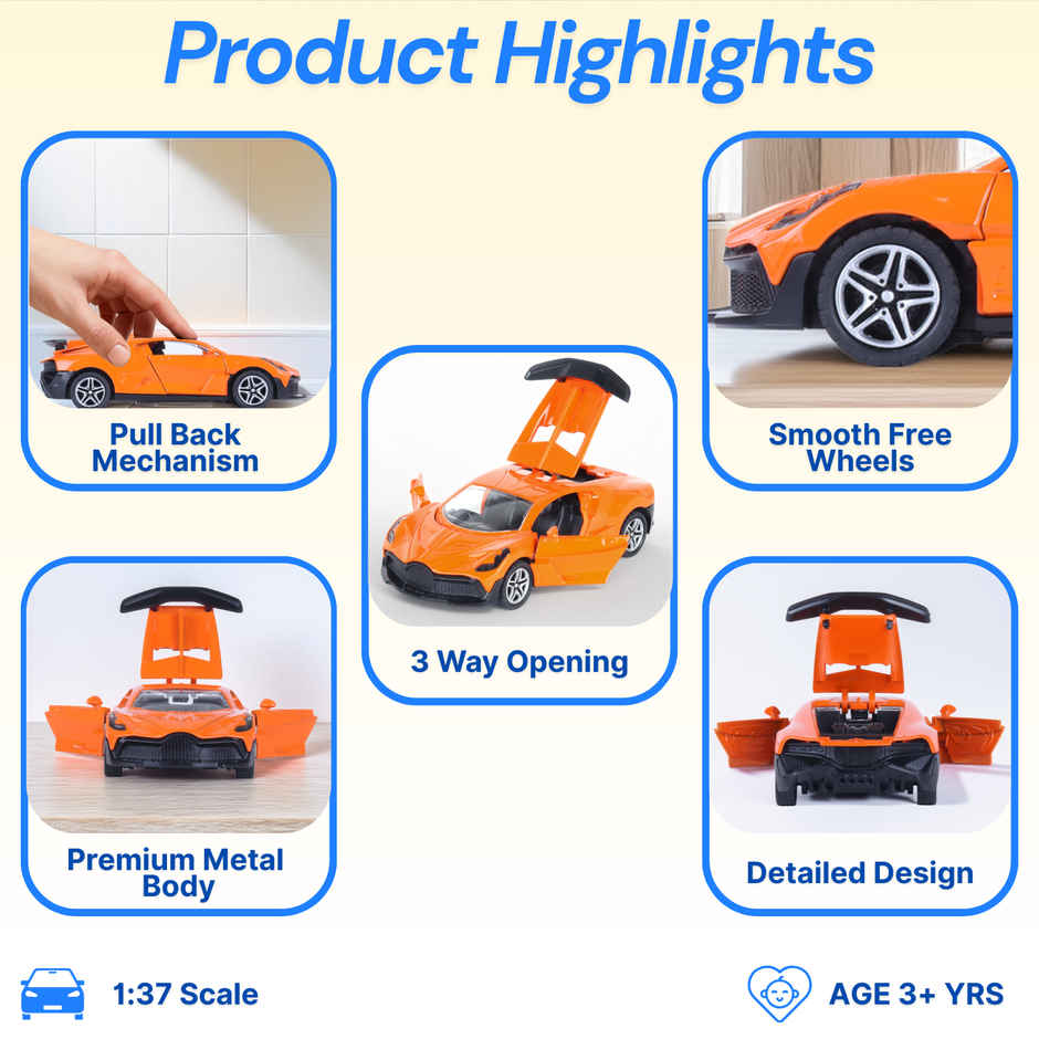 Frendo Premium Die-Cast Car | 3-Way Opening | Pull-Back Action | Bug Orange