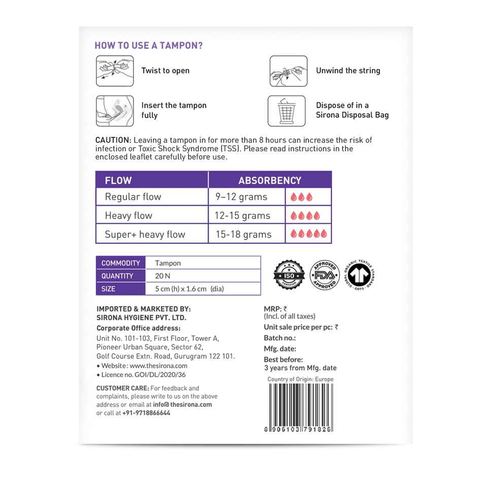 Sirona Super Plus Tampons for Heavy Flow | Organic Cotton Core | High Absorbency | Leak-Proof