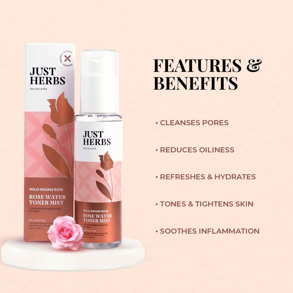 Just Herbs Steam Distiilled Rose Water Refereshing Pore Cleansing Toner Mist For Women