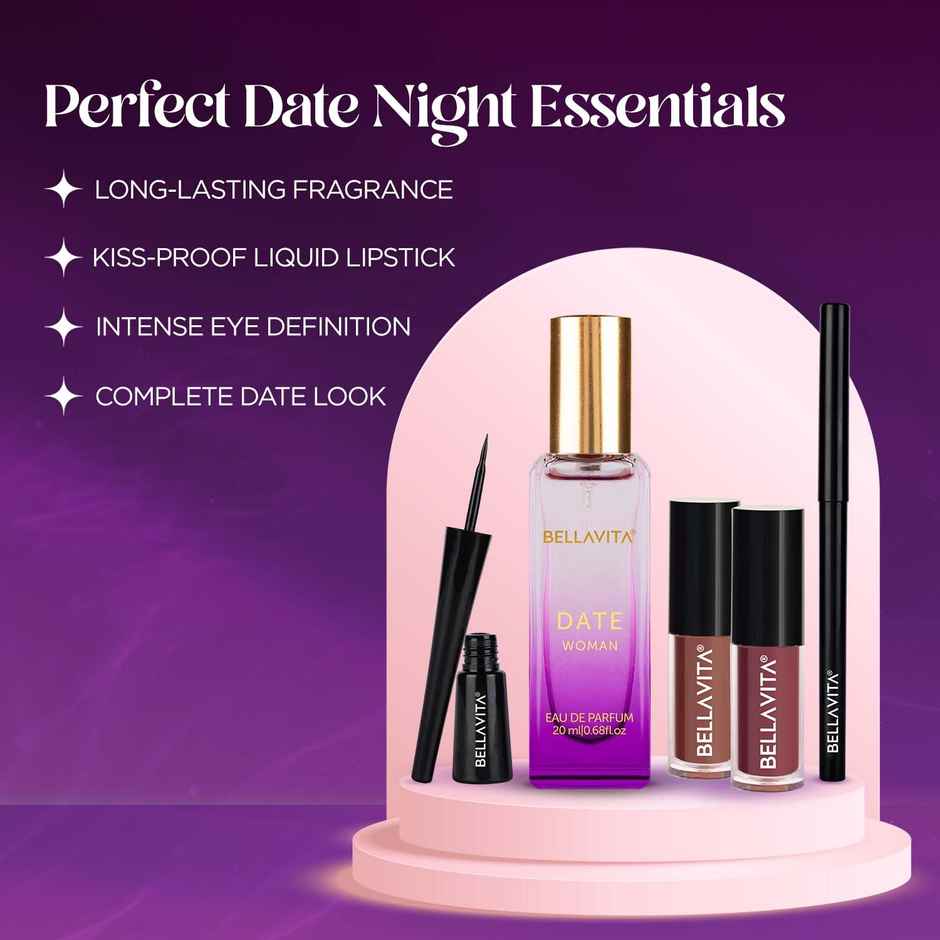 Bella Vita Date Night Gift Set for Women | 2 Mini Liquid Lipstick, Kajal, Eyeliner, Date Perfume