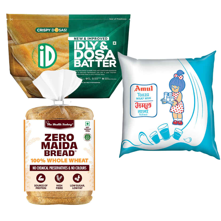 iD Fresh Idli & Dosa Batter & Amul Taaza Toned Fresh Milk & Health Factory Whole Wheat Bread Combo