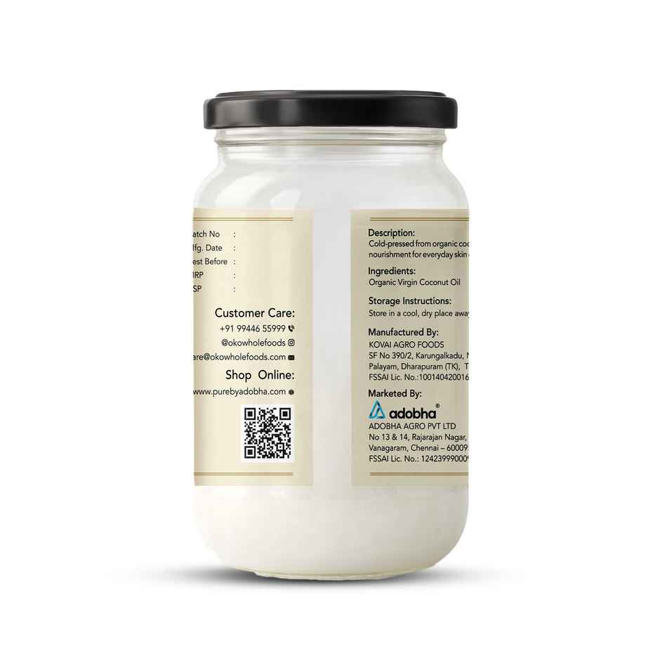 OKO Wholefoods Organic Extra Virgin Coconut Oil | Cold Pressed & Unrefined | Glass Bottle