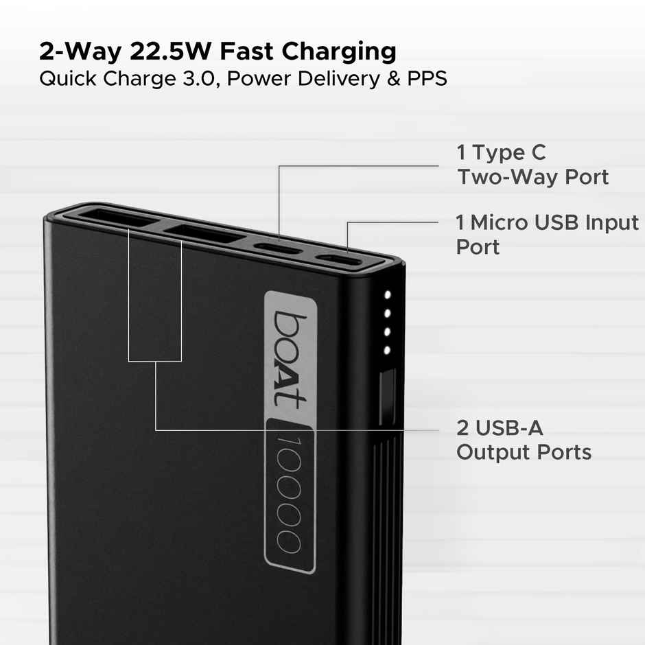 boAt Energyshroom PB300 Wired Powerbank with 10000mAh Battery, 22.5w Fast Charging, 12-Layer Smart IC Protection, LED Indicators and Aluminum Alloy Casing USB Type-C Input - Carbon Black