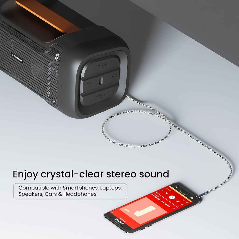 Ambrane ABCAX-10 Unbreakable 3.5mm Male to Male AUX Stereo Audio Cable for Smartphone, 1.5 Meter (5 Feet) - Black & Grey