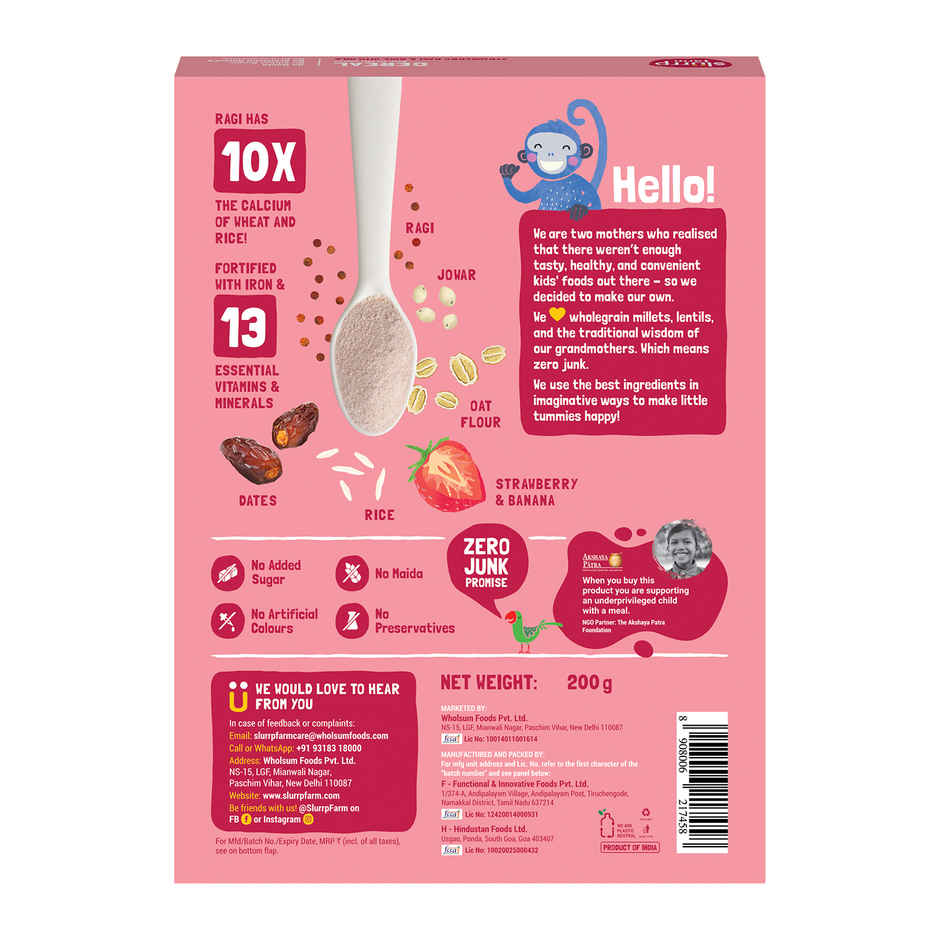 Slurrp Farm Strawberry, Ragi and Rice Cereal with Milk and No Added Sugar