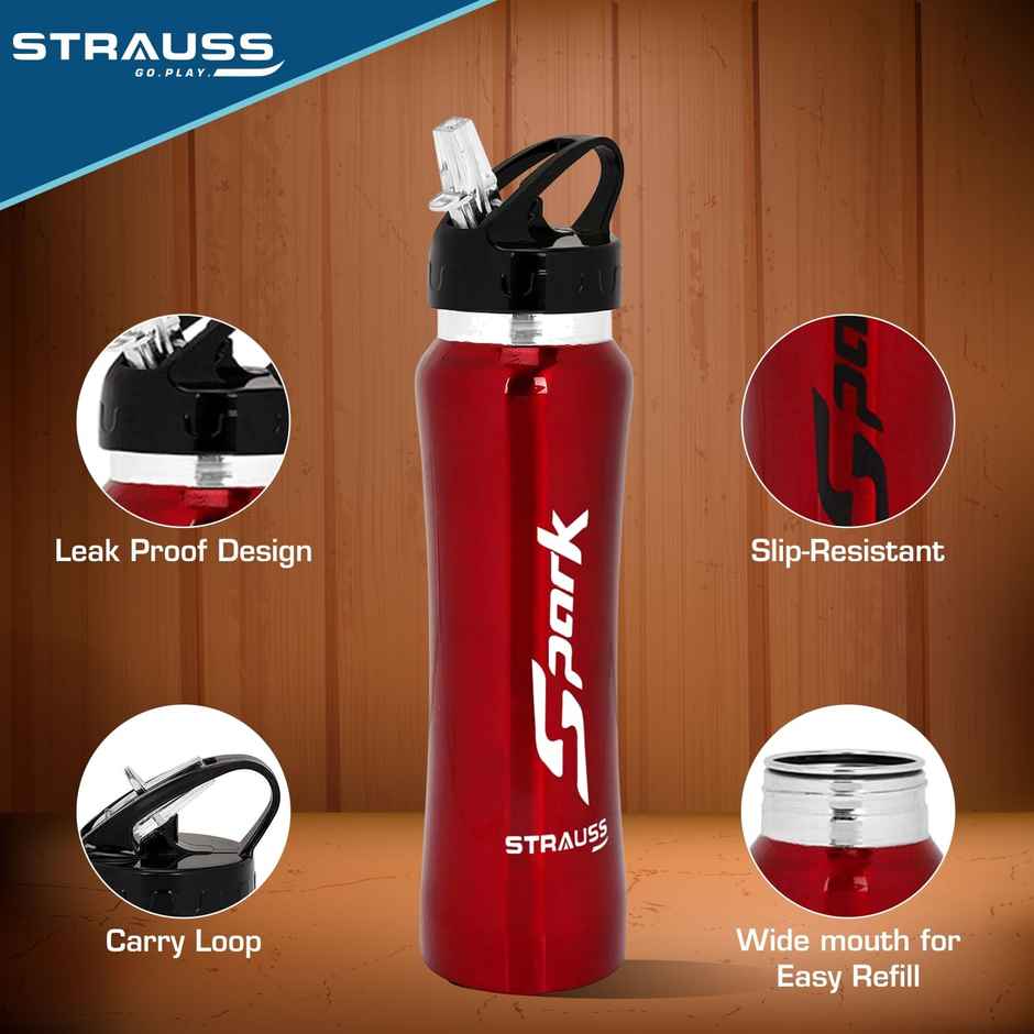 Strauss Spark Stainless-steel Bottle | Metal Finish | 750 ml | Red