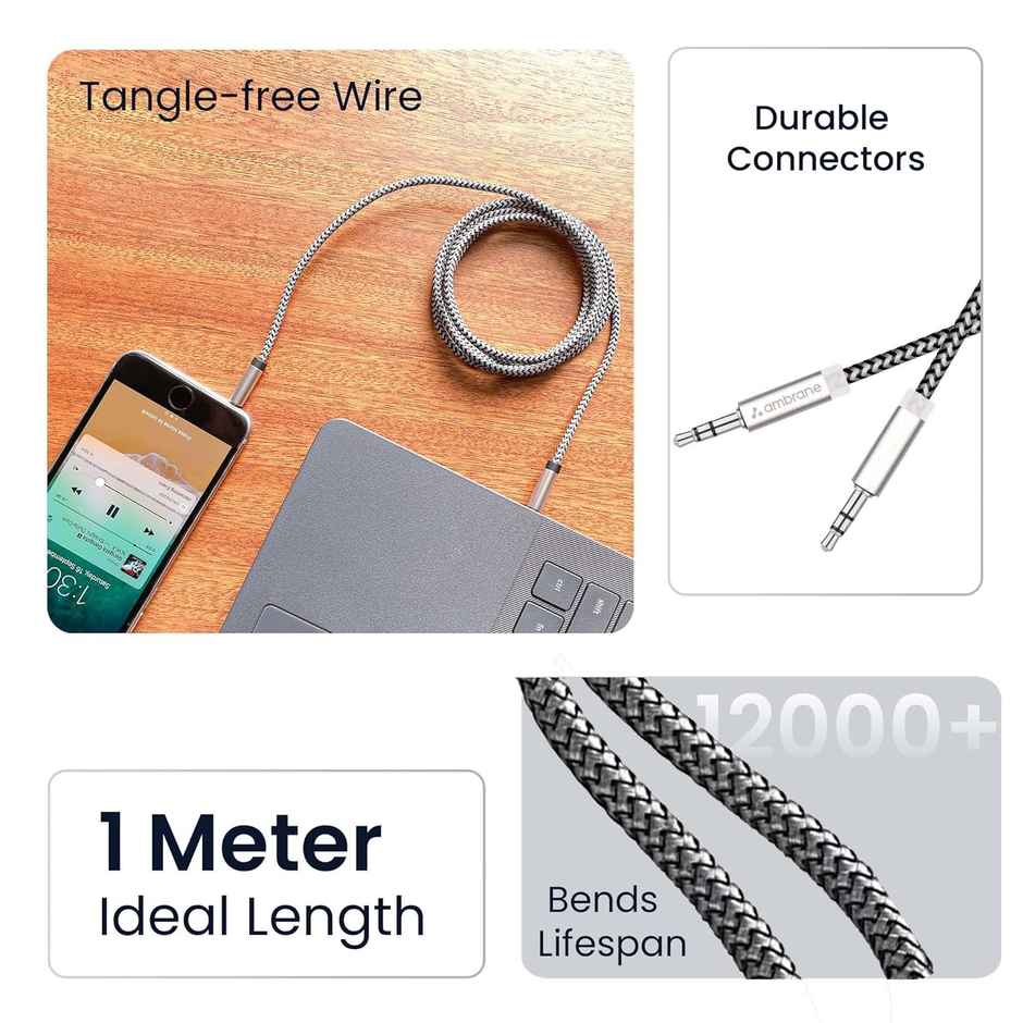 Ambrane ABCAX-10 Unbreakable 3.5mm Male to Male AUX Stereo Audio Cable for Smartphone, 1.5 Meter (5 Feet) - Black & Grey