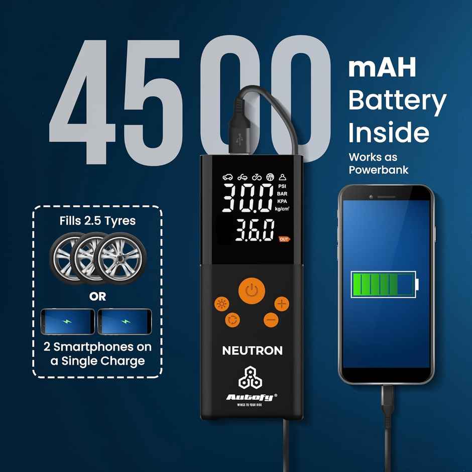 Autofy Neutron Cordless Tyre Inflator Rechargeable No Fuel Use - 4500Mah Powerbank