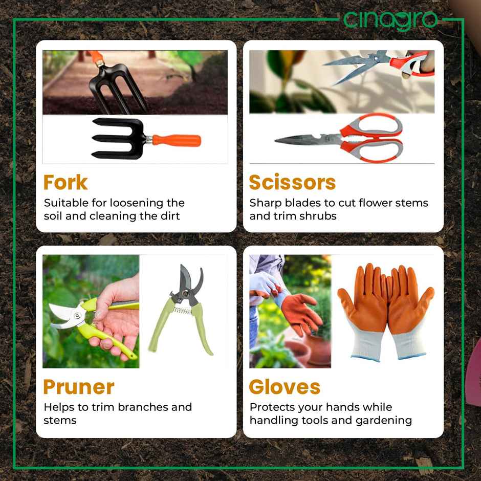 Cinagro Garden Tools - 8 Pcs, Weeder, 2 Trowels, Hand Fork, Cultivator, Scissors, Pruner, Gloves
