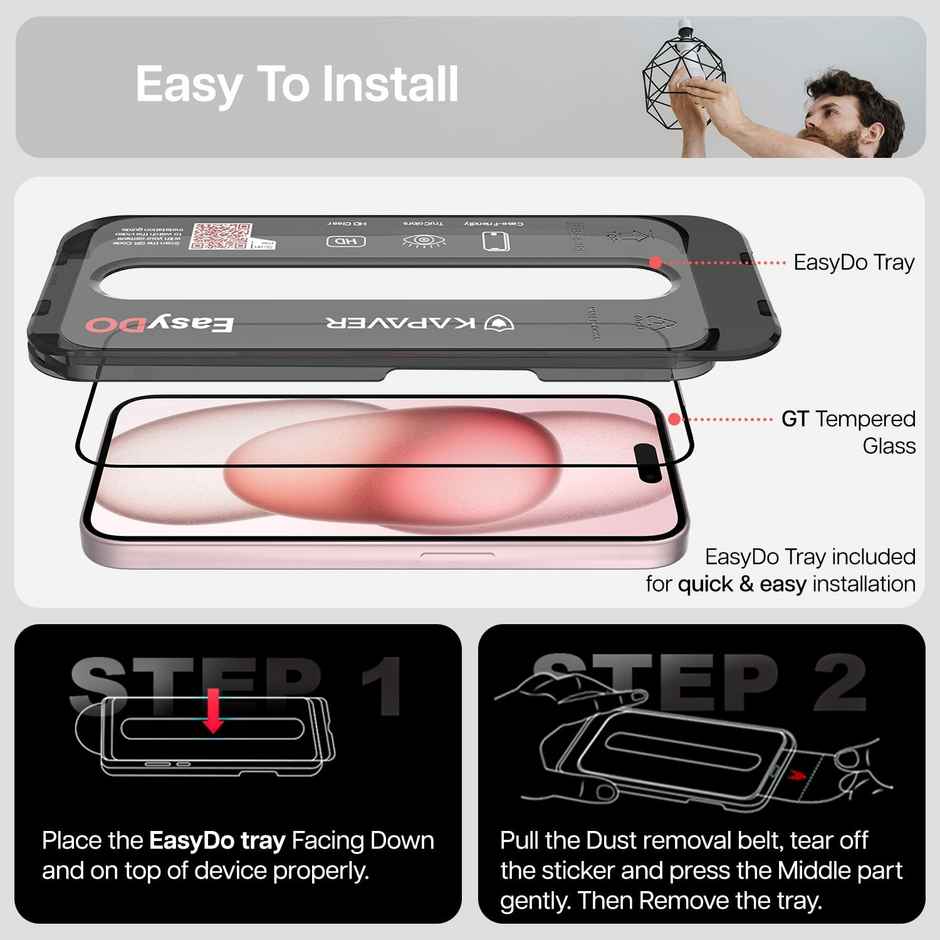 Kapaver Iphone 15 Easy Do Tempered Glass Screen Protector Guard | Gt Series | Clear - 2 Pack