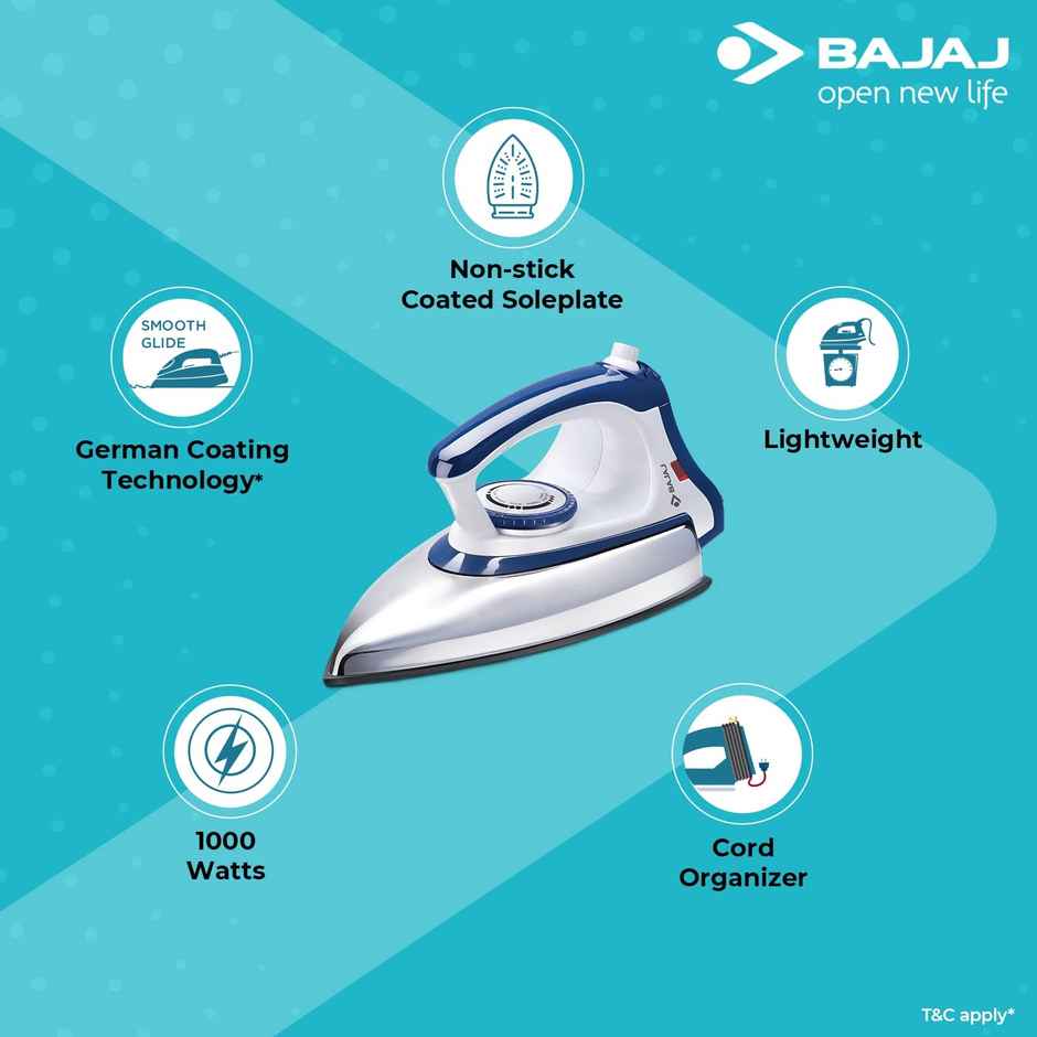 Bajaj DX-11 Stainless Steel Majesty 1000 Watts Dry Iron, Advance Soleplate And Anti-Bacterial German Coating Technology,  Automatic Shut Off, Thermal Safety Fuse - White & Blue