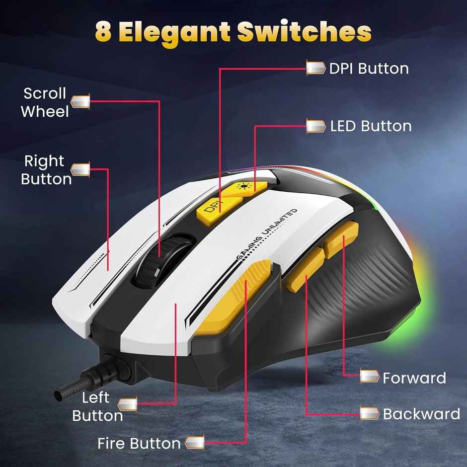 Ant Esports GM333 RGB Wired Ergonomic Gaming Mouse With 1.5M Braided Cable -Black,White,Yellow