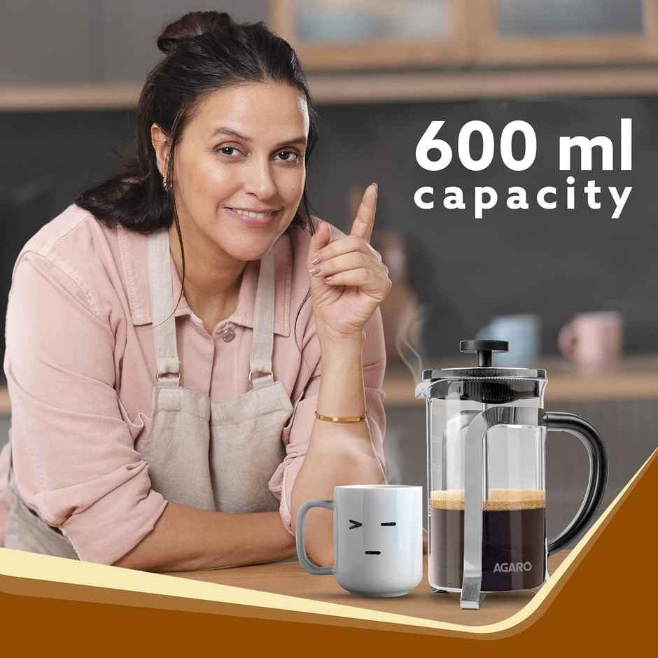Agaro Classic French Press Coffee And Tea Maker Glass Carafe, Bpa Free Plastic Lid Strainer, 600Ml