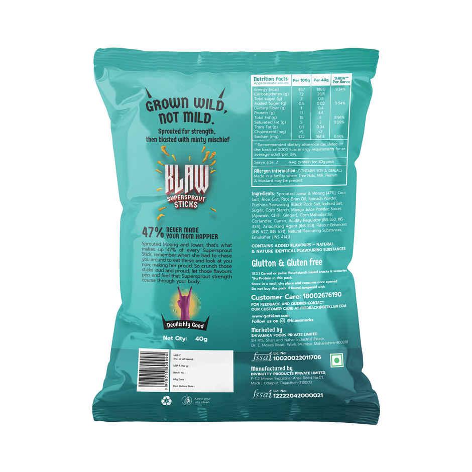 Klaw Pudina Punch | Sprouted Moong & Jowar Sticks | Baked | No Palm Oil | High Protein