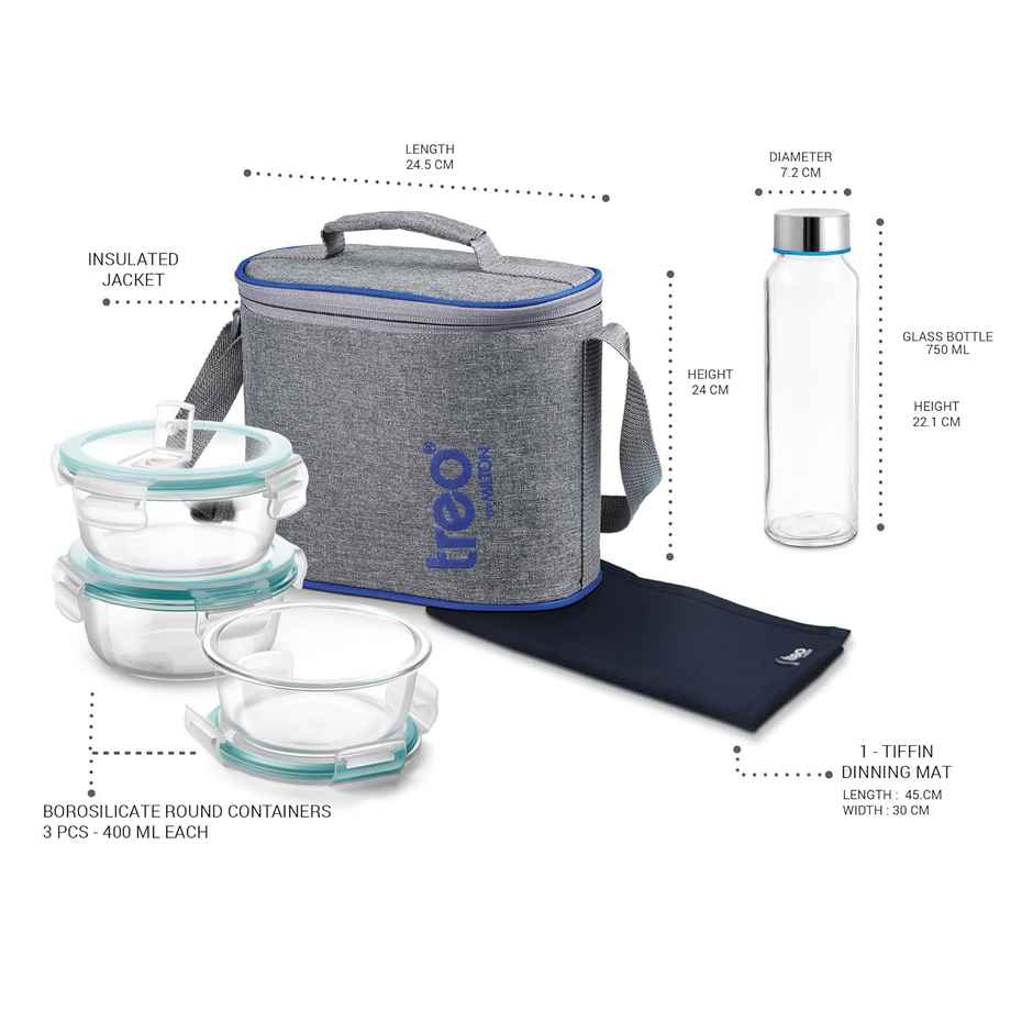 Treo By Milton All Fresh Premier Glass Box 5Pc (3 Round Containers, 1 Bottle, Dinning Mat) With Bag