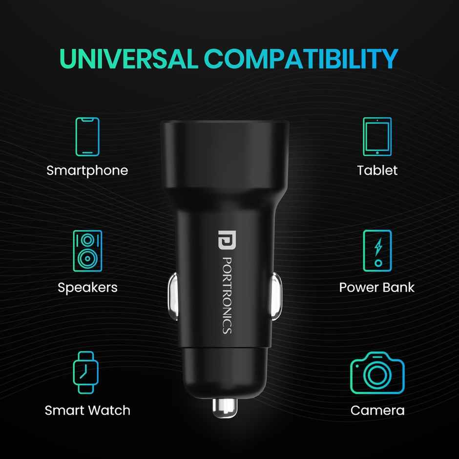 Portronics 80W Dual Output Fast Car Charger with Type-C PD & USB, LED Indicator, Power Bank (Black)