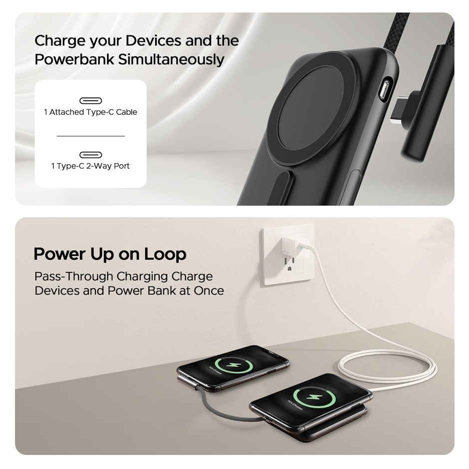boAt Energyshroom PB330 MagnaCharge 10000 mAh Magnetic Wireless Power Bank w/ 15W Wireless Charging, Metal Stand,Magnacharge Ring for iPhone and Android Phones w/Wireless Charge - Black
