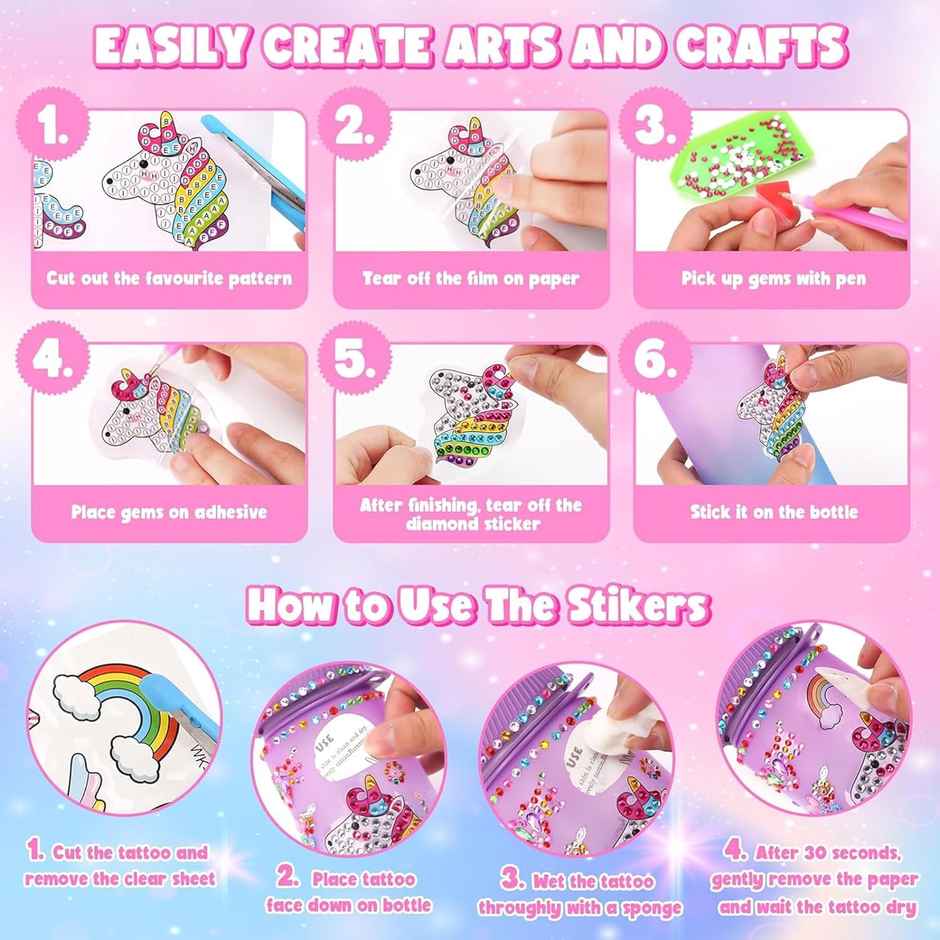 Kidology Decorate Your Own Water Bottle Kits for Girls Age 4-6-8-10,Unicorn Painting Crafts - Assorted