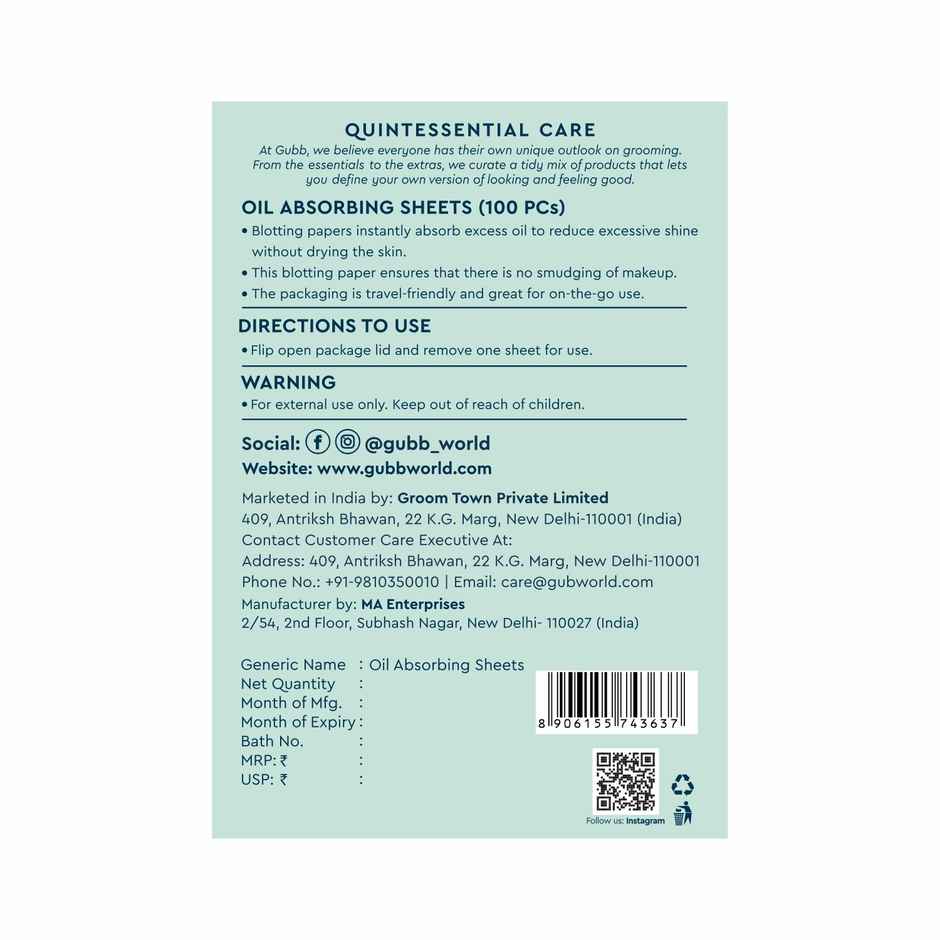 GUBB Blotting Paper For Oily Skin | 100 Oil Absorbing Sheets For Men & Women