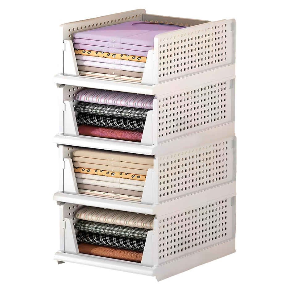 Senego by Trendy Home Folding Wardrobe Clothes Organizer - Pack of 4, Stackable (White)