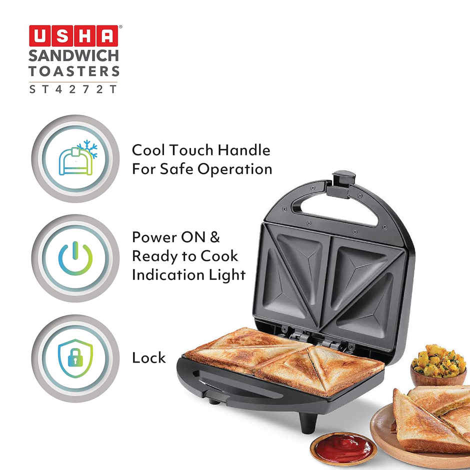Usha Sandwich Maker Toaster (750W, 4-Slices, 2 Stage Thermal Safety, Led Indicators, Black)