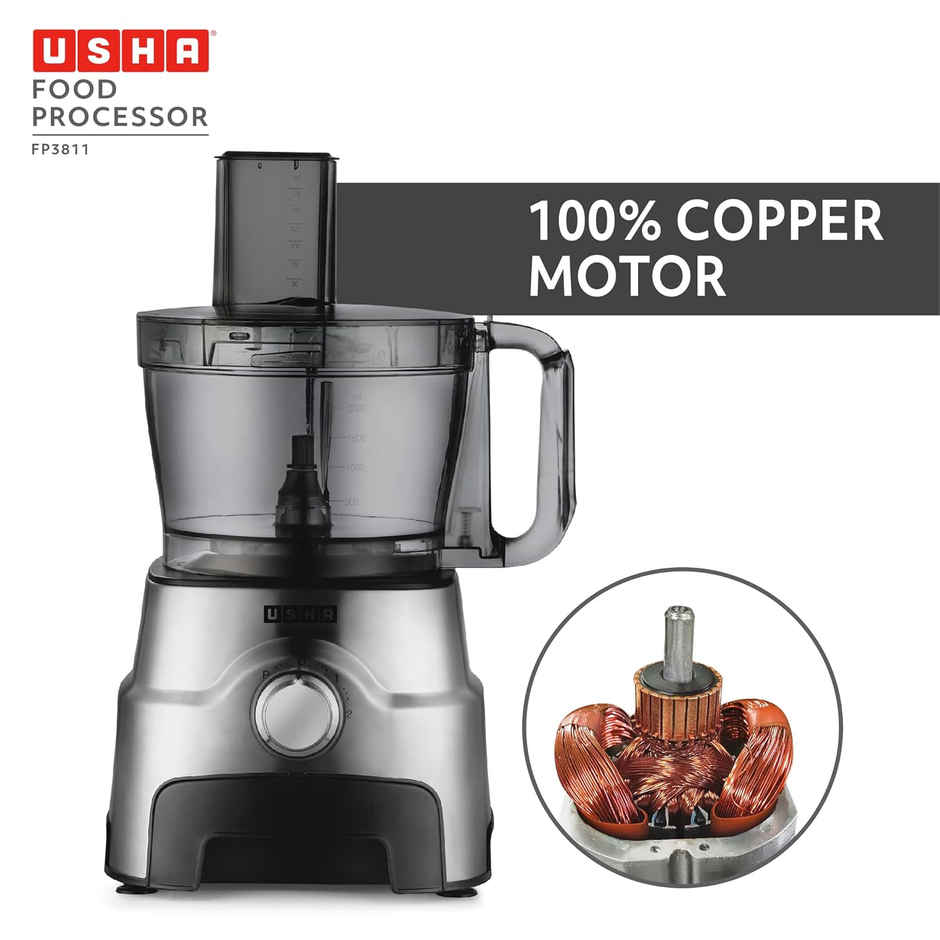 Usha Food Processor 3811 | 1000W Copper Motor | 3 Jars | Centrifugal Juicer | SS Finish - Black
