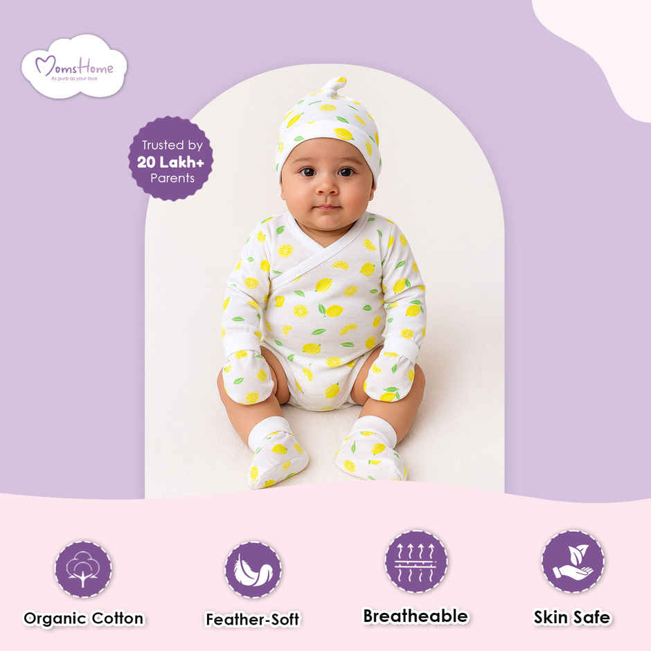Moms Home Organic Cotton New Born Gift Set | 0-3 Months | 7 Items | Lemon
