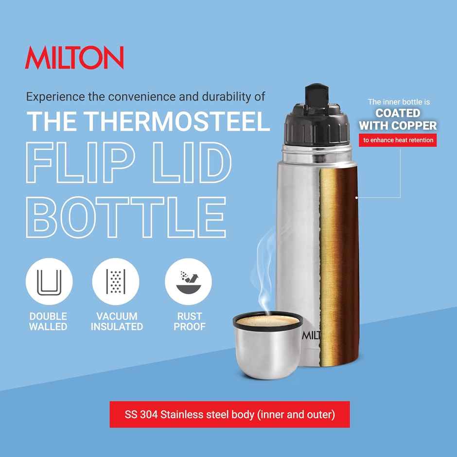Milton Thermosteel Flip Lid Water Bottle | 24 Hrs Hot & Cold | Silver | 350 ml