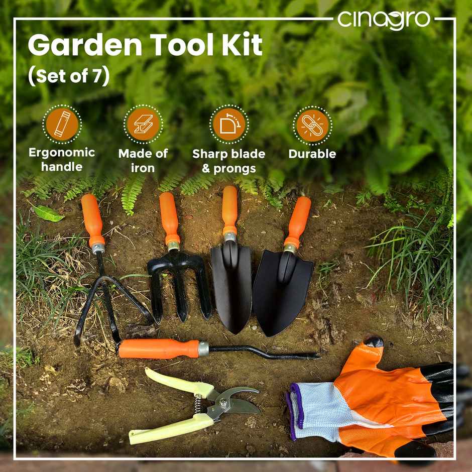 Cinagro Garden Tools - 7 Pcs, Weeder, 2 Trowels, Hand Fork, Cultivator, Scissors, Pruner