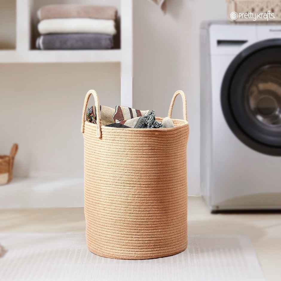 PrettyKrafts Jute & Rope Basket | Multipurpose Organizer for Laundry, Toys, Plants - Natural Brown