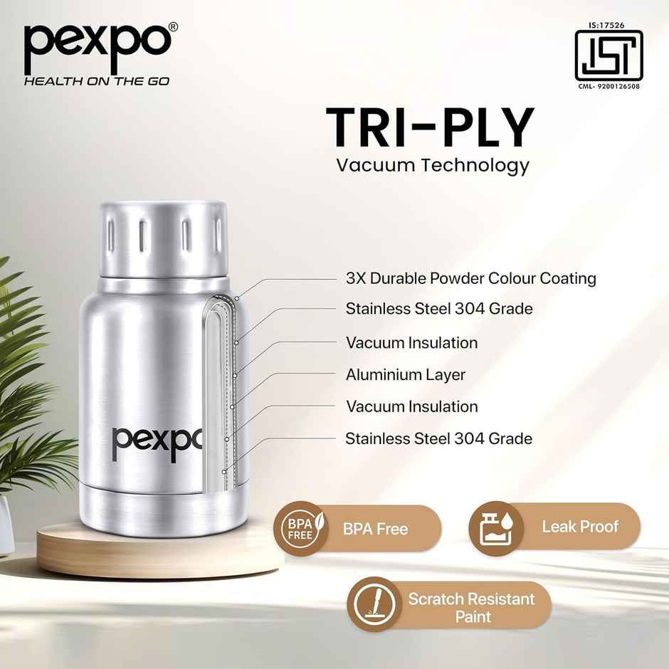 Pexpo Stainless Steel Cameo Hot & Cold Water Bottle | Silver | 160 ml