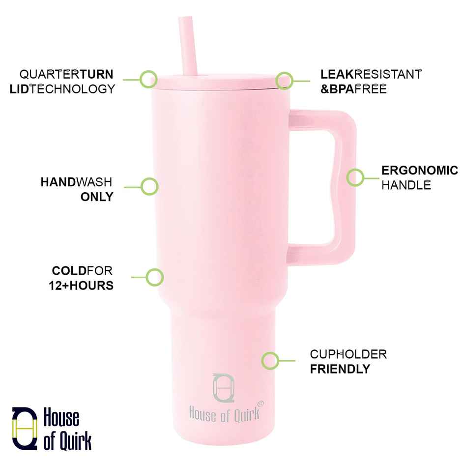 House of Quirk Stainless Steel Tumbler with Handle & Lid, 2 Straws | Misty Rose - 1200 ml