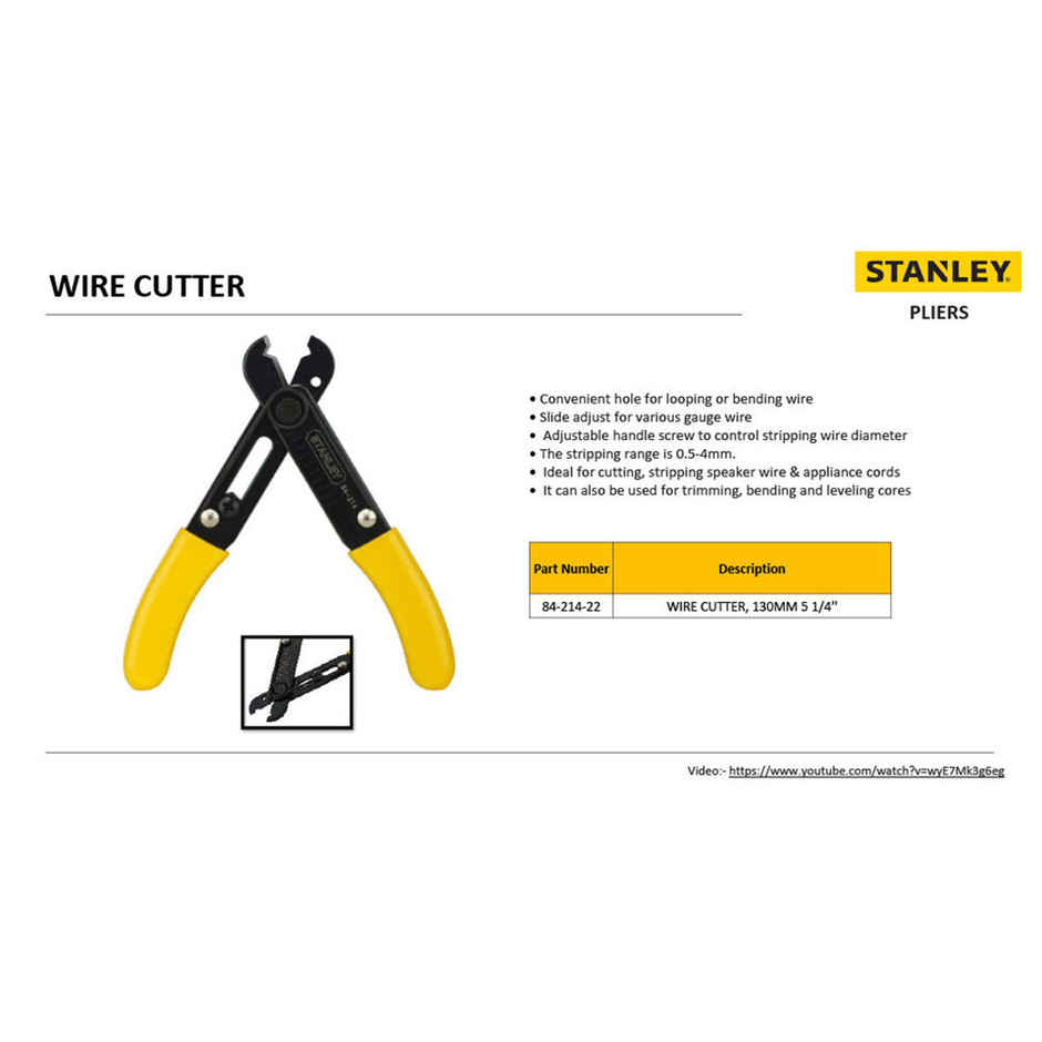 STANLEY 84-214-22 5.25''/130 mm Wire Stripper Ideal for Cutting, Stripping Wires & Appliance Cords