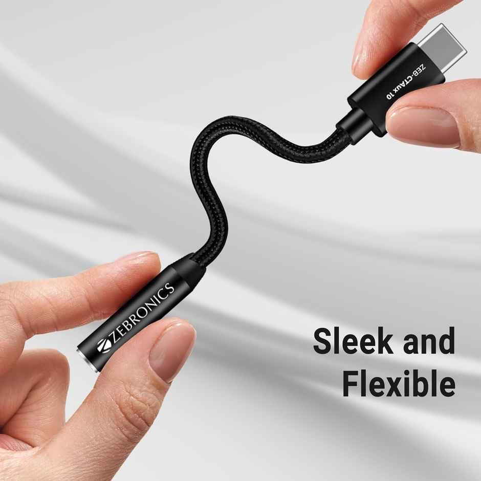 Zebronics CTAux10 Type C to 3.5mm Converter, Built-in DAC Chip, Supports Mic & Audio, Metal Body, Braided Cable, for iPhone 16 series, 15 series, Samsung, Android & Type C Smartphones, Tablets, Laptop - Black