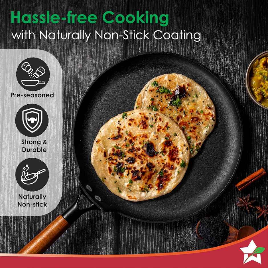 Wonderchef Pre-Seasoned Ferro Light 28Cm Dosa Tawa | 4Mm | Acacia Wooden Handles