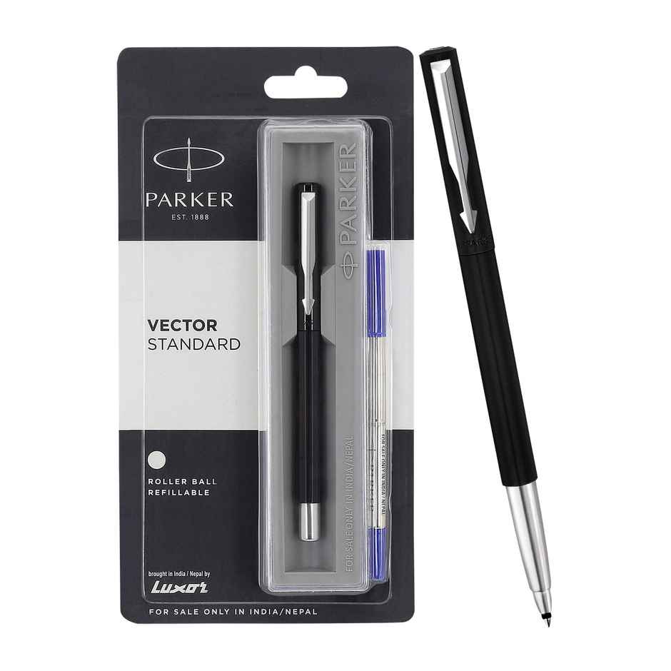 Parker Vector Standard Roller Ball Pen Chrome Trim Black Body (Blue Ink) (1pc) & Mypaperclip Executive Series A5 Notebook | Soft Cover | Blue | 240 Plain Pages | Flat-Lay Design (1pc) Combo
