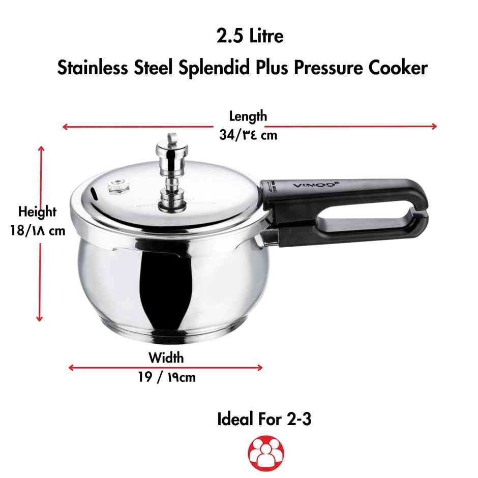 Vinod 18/8 Stainless Steel Splendid Plus Pressure Cooker - 2.5 Litres With Extra Glass Lid