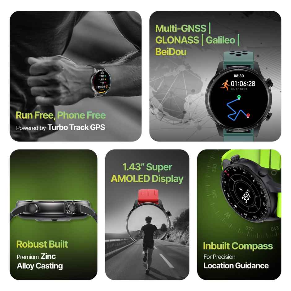 Cult Velocity with Built-in Turbo Track GPS, 1.43'' AMOLED, Compass, BT Calling Smartwatch (Green)
