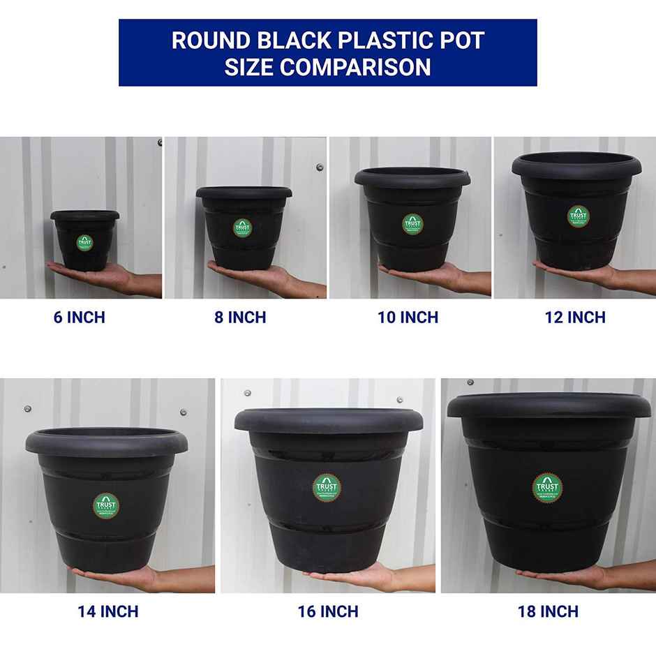 TrustBasket Round Pots 10 Inch | UV Treated Plastic Garden Flower Pots - Black